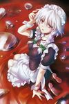  :o blush braid breasts broken_cup cup hair_ribbon izayoi_sakuya kneeling maid maid_headdress medium_breasts purple_eyes ribbon shirosa silver_hair solo spoon tears touhou tray twin_braids wrist_cuffs 