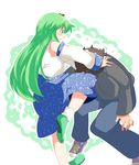  1girl bad_id bad_pixiv_id commentary detached_sleeves faceless faceless_male green_eyes green_hair hammer_(sunset_beach) in_the_face kneeing kochiya_sanae long_hair touhou 