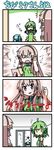  4koma :&lt; ahoge apron blue_hair blush chibi_miku clothes_writing comic elbow_gloves fl-chan gloves green_hair grey_eyes hatsune_miku headstand lipstick long_hair makeup megurine_luka minami_(colorful_palette) multiple_girls open_door open_mouth pink_hair pose short_hair short_sleeves silent_comic smile sparkle surprised translated twintails vocaloid |_| 