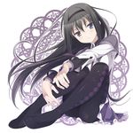  akemi_homura argyle argyle_legwear bad_id bad_pixiv_id black_hair frown hairband head_tilt long_hair long_sleeves magic_circle magical_girl mahou_shoujo_madoka_magica nagijin pantyhose pleated_skirt purple_eyes simple_background sitting skirt solo very_long_hair 