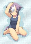  :o animal_ears arm_up barefoot blush cat_ears cat_tail collarbone hand_on_own_head kanzaki_hiro multicolored_hair non-web_source one-piece_swimsuit original purple_eyes purple_hair school_swimsuit short_hair sitting solo swimsuit tail two-tone_hair wariza wet white_hair 