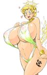  1girl angel bikini blonde_hair blue_eyes body_writing breasts curvy erect_nipples female gigantic_breasts halo happy heart huge_breasts navel nipples open_mouth sasaki_tatsuya see-through short_hair simple_background sketch sling_bikini solo standing swimsuit thighs white_background white_wings wide_hips wings 