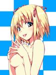  :p alice_margatroid alternate_hairstyle blonde_hair blue_eyes blush breasts hair_ribbon hands_together looking_at_viewer medium_breasts nipples nirap nude open_mouth own_hands_together ribbon short_hair smile solo steepled_fingers tongue tongue_out touhou twintails upper_body 
