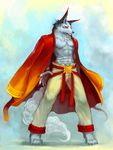  4_toes abs abstract_background absurd_res anthro bandage blue_eyes canine claws clothing coat hi_res male mammal moodraw muscles open_shirt pants pecs pose shirt solo standing tattoo wolf 