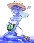  breasts core dress food fruit goo_girl hat idon large_breasts monster_girl original purple purple_hair sandals sitting solo straw_hat wariza watermelon white_eyes 