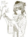  alternate_costume bamboo dated hat holding japanese_clothes kawashina_(momen_silicon) kimono leaf_print looking_at_viewer monochrome pointy_ears pom_pom_(clothes) shameimaru_aya short_hair sketch smile solo tanabata tanzaku tokin_hat touhou wide_sleeves 