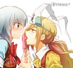  binbougami_ga! blonde_hair blush couple embarrassed food green_eyes hair_over_eyes heart ice_cream long_hair momiji_(binbougami_ga!) multiple_girls phallic_symbol profile rex_k sakura_ichiko school_uniform short_hair silver_hair sweat translation_request triangular_headpiece wavy_mouth yuri 