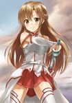 &gt;:) asuna_(sao) bad_id bad_pixiv_id bare_shoulders blush breastplate brown_eyes brown_hair detached_sleeves heirou holding long_hair skirt smile solo sword sword_art_online thighhighs v-shaped_eyebrows weapon white_legwear 