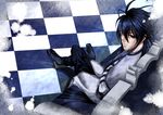  black_hair boots highres long_hair male male_focus monochrome_factor red_eyes sit sitting solo 