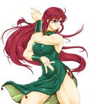  bare_legs bare_shoulders blue_eyes braid chinese_clothes fighting_stance highres hong_meiling ledjoker07 long_hair muscle muscular_female no_hat no_headwear red_hair side_slit simple_background solo touhou twin_braids very_long_hair white_background 