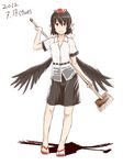  black_hair brown_eyes brush dated feathered_wings flip-flops hat holding kawashina_(momen_silicon) looking_at_viewer pointy_ears pom_pom_(clothes) sandals shadow shameimaru_aya short_hair short_sleeves sketch skirt smile solo standing tokin_hat touhou wings 