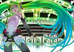  aqua_hair bridal_gauntlets elbow_gloves fingerless_gloves gloves gradient_hair green_eyes green_hair hatsune_miku hatsune_miku_(append) long_hair multicolored_hair open_mouth ryuushiro solo speaker stage thighhighs twintails very_long_hair vocaloid vocaloid_append 