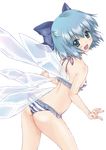  :d arched_back ass back bangs bikini blue_eyes blue_hair blush bow breasts butt_crack cirno flat_chest frilled_bikini frills hair_between_eyes hair_bow head_tilt ice ice_wings kemomo leaning_forward looking_at_viewer looking_back open_mouth outstretched_arms profile ribbon short_hair sideboob simple_background smile solo spread_arms spread_legs standing striped striped_bikini swimsuit touhou transparent white_background wings 