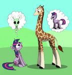  ambiguous_gender brown_eyes cutie_mark equine female feral friendship_is_magic giraffe hair horn horse mammal mohawk mountain multi-colored_hair my_little_pony outside pony purple_eyes sitting standing thought_bubble twilight_sparkle_(mlp) underpable unicorn 