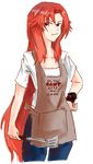  apron clothes_writing dakara_boku_wa_h_ga_dekinai denim drawfag hand_on_hip jeans lisara_restall long_hair pants red_eyes red_hair shirt solo spatula t-shirt transparent_background very_long_hair wristband 