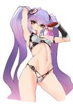  ban brown_eyes condom condom_in_mouth flat_chest hyakka_ryouran_samurai_girls long_hair mouth_hold naoe_kanetsugu_(hyakka_ryouran) navel purple_hair solo twintails used_condom very_long_hair 