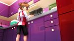  :o antenna_hair bike_shorts brown_hair cardcaptor_sakura casual from_below green_eyes hair_bobbles hair_ornament highres kinomoto_sakura kitchen mutsuki_(moonknives) open_mouth short_hair sleeves_rolled_up solo twintails two_side_up 