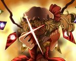  ascot blonde_hair clenched_hands evil_grin evil_smile fang flandre_scarlet grin hat hat_ribbon red_eyes ribbon shaded_face short_hair side_ponytail smile solo touhou wings zan_(harukahime) 