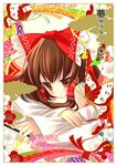  brown_eyes brown_hair bug butterfly detached_sleeves hair_ribbon hair_tubes hakurei_reimu hinayuki_usa insect ribbon solo touhou 