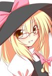  bespectacled blonde_hair glasses grin hat kirisame_marisa long_hair nirap red-framed_eyewear smile solo touhou upper_body yellow_eyes 