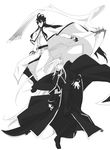  2boys boots lineart long_hair male male_focus male_only monochrome monochrome_factor multiple_boys scythe sword weapon 