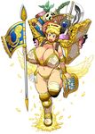  abacus armor bikini_armor blue_eyes breasts cleavage curvy flag fringe_trim halo highres huge_breasts leg_lift navel polearm sasaki_tatsuya scroll short_hair smile solo sword thick_thighs thighs treasure_chest weapon wings 