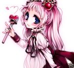  :3 bad_id bad_pixiv_id blue_eyes blush dress hair_ornament heart holding long_hair looking_at_viewer original patatata pink_hair ribbon simple_background solo wand white_background 