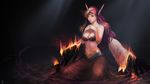  black_wings breasts burning circlet cleavage fiery_hair fire highres instant_ip large_breasts league_of_legends lips long_hair morgana pointy_ears purple_hair red_eyes revision seiza sitting solo widescreen wings 