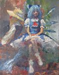  blonde_hair blue_hair bow cirno crossed_legs dress hair_bow hat ice ice_wings long_sleeves misawa_hiroshi moriya_suwako multiple_girls oil_painting_(medium) petticoat puffy_sleeves short_hair short_sleeves sitting thighhighs touhou traditional_media watercolor_(medium) wide_sleeves wings 