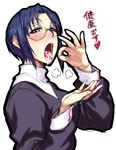  blue_eyes blue_hair blush ciel cum cum_in_mouth facial glasses habit heavy_breathing highres looking_at_viewer nun sawao short_hair solo translated tsukihime 
