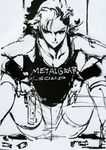  clothes_writing desert_eagle fingerless_gloves flipped_hair gloves greyscale gun handgun highres meryl_silverburgh metal_gear_(series) metal_gear_solid monochrome pistol scan shinkawa_youji short_hair shorts sitting solo tank_top wavy_hair weapon 