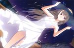  absurdres arms_up bare_shoulders black_hair dress dutch_angle fuyuno_haruaki glowing hat hat_ribbon highres long_hair looking_at_viewer night night_sky original purple_eyes ribbon scan sky solo star_(sky) starry_sky straw_hat sun_hat sundress white_dress wind wind_lift 