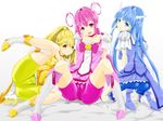  3girls aoki_reika bike_shorts blonde_hair blue_eyes blue_hair blue_skirt boots bow choker cure_beauty cure_happy cure_peace hair_flaps hair_rings hair_tubes hoshizora_miyuki kise_yayoi knee_boots long_hair magical_girl multiple_girls pink_bow pink_choker pink_eyes pink_hair pink_shorts pink_skirt ponytail precure shorts skirt smile_precure! spread_legs tiara yellow_eyes yellow_shorts 