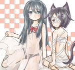  animal_ears aqua_eyes ar_tonelico ar_tonelico_iii bandage_over_one_eye bandages black_bra black_hair black_panties bow bra camisole cat_ears cat_tail checkered checkered_background filament hair_ornament hairclip kenoka long_hair multiple_girls panties red_eyes short_hair sitting smile soma tail underwear underwear_only wariza white_panties 