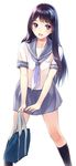  :d bag black_hair black_legwear blush kneehighs long_hair neckerchief open_mouth original oryou photo-referenced purple_eyes school_bag school_uniform serafuku simple_background skirt smile solo white_background 