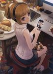  absurdres black_tea book bread brown_eyes brown_hair calico cat cellphone chair cup flower food headphones highres holding iphone jar keyboard_(computer) listening_to_music masakichi monitor original phone ponytail ribbed_sweater scan shorts sitting sleeveless sleeveless_turtleneck slippers smartphone smile solo sweater tea teacup turtleneck 