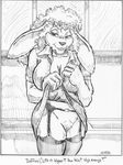  big_breasts breasts clothed clothing english_text female flashing garter_belt greyscale half-dressed kitchen lagomorph legwear long_ears mammal monochrome oscar_marcus pantyhose partially_clothed pussy rabbit solo stockings text 