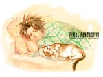  blanket brown_hair cat final_fantasy final_fantasy_vii j_(onose1213) male_focus sleeping solo zack_fair 