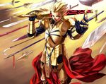  armor blonde_hair doraiga-rei ea_(fate/stay_night) earrings fate/stay_night fate_(series) gate_of_babylon gilgamesh hair_up jewelry male_focus polearm red_eyes solo spear sword weapon 