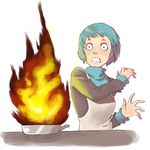  apron aqua_hair bad_id bad_pixiv_id clenched_teeth cooking failure fire frying_pan luisa_rafidi persona persona_3 short_hair simple_background solo surprised teeth white_background yamagishi_fuuka 