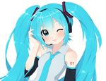  aqua_eyes aqua_hair bad_id bad_pixiv_id detached_sleeves hatsune_miku headset highres light_smile lips long_hair looking_at_viewer mi_(ksgi_xxx) one_eye_closed simple_background solo twintails upper_body vocaloid 