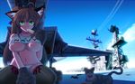  aircraft aircraft_carrier airplane animal_ears antenna_hair black_legwear blue_sky blush_stickers breasts brown_hair cat cat_ears condensation_trail crop_top day f-14_tomcat fighter_jet flight_deck food green_eyes hair_ribbon highres huge_breasts jet kemonomimi_mode midriff military military_vehicle original panties paws popsicle ribbon ship sky sweat thighhighs twintails underboob underwear uss_john_f_kennedy_(cv-67) warship watercraft white_panties yae_nagi 