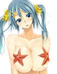  bad_id bad_pixiv_id blue_eyes blue_hair breasts fins head_fins huge_breasts kurokawa_otogi living_clothes original simple_background solo starfish twintails upper_body wet white_background 