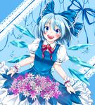  blue_eyes blue_hair blush bow brooch cirno dress flower hair_bow ice ice_wings jewelry open_mouth puffy_sleeves reduction ribbon short_hair short_sleeves skirt_basket smile solo touhou wings wrist_cuffs wrist_ribbon 