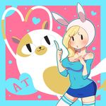  1girl adventure_time animal_hood asymmetrical_hair bare_shoulders black_eyes blonde_hair blush bra breasts bunny_hood cake_(adventure_time) cartoon_network cat cleavage copyright_name curvy fionna heart highres hips hood large_breasts long_hair moyori navel open_mouth pink_bra pointing polka_dot polka_dot_background skirt thighhighs title_drop underwear white_legwear wide_hips zettai_ryouiki 