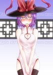  alternate_costume black_legwear blush bow breasts china_dress chinese_clothes cleavage cleavage_cutout constricted_pupils dress embarrassed hat hat_bow large_breasts nagae_iku open_mouth purple_hair red_eyes short_hair solo takorice thighhighs touhou v_arms 