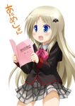  blonde_hair blue_eyes book fang little_busters! long_hair noumi_kudryavka plaid plaid_skirt reita school_uniform script skirt solo 