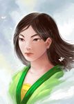  black_hair brown_eyes chinese chinese_clothes fa_mulan_(disney) flower hanfu helen8143 lips long_hair mulan realistic serious solo wind 