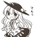  chibi hat hinanawi_tenshi long_hair looking_at_viewer monochrome open_mouth simple_background sketch smile solo touhou white_background yuya_(night_lily) 