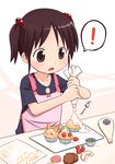  1girl :3 accident apron bad_id bad_pixiv_id baking brown_eyes brown_hair child cookie cupcake food fruit hair_bobbles hair_ornament icing mika-shi original pastry_bag short_hair short_twintails sprinkles strawberry twintails 